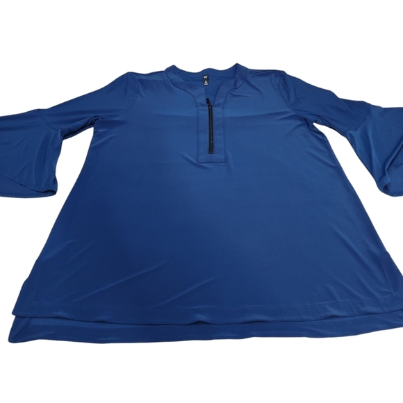 By JJ Blouse Women's Blue Flare Sleeve 1/4 Zipper Stretch Blouse Size XL - Picture 3 of 10